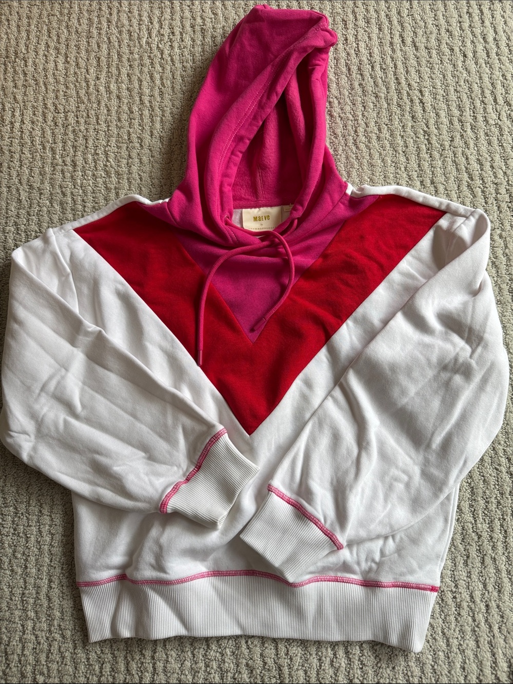 Anthropologie White Hoodie Sweater with Pink Hood and Red Chevron
